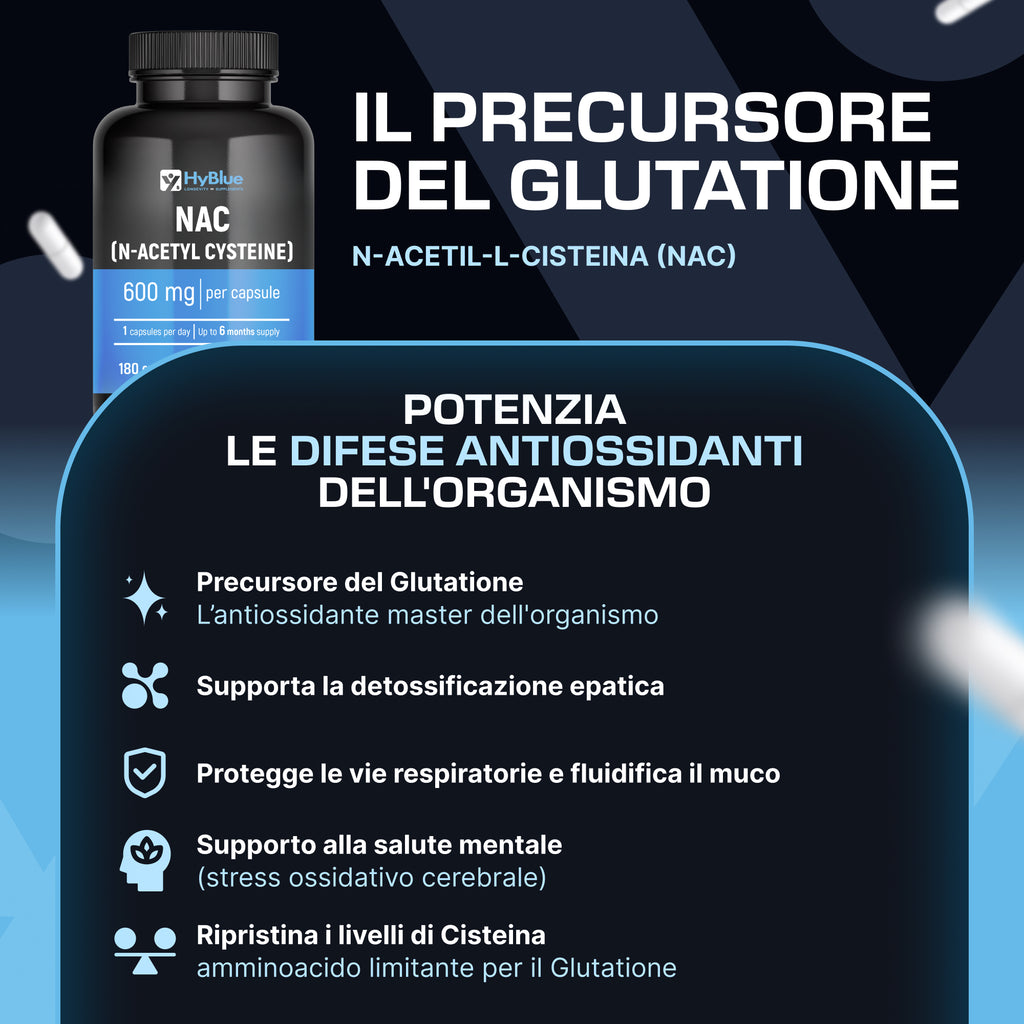 HyBlue Nac N-Acetil-Cisteina Pura, 180 Cps, 600mg | Integratore Acetilcisteina 600 mg, Alta Biodisponibilità | Antiossidante, Detox & Longevità | Senza Glutine Ne Lattosio, Vegano | Fino 6 Mesi