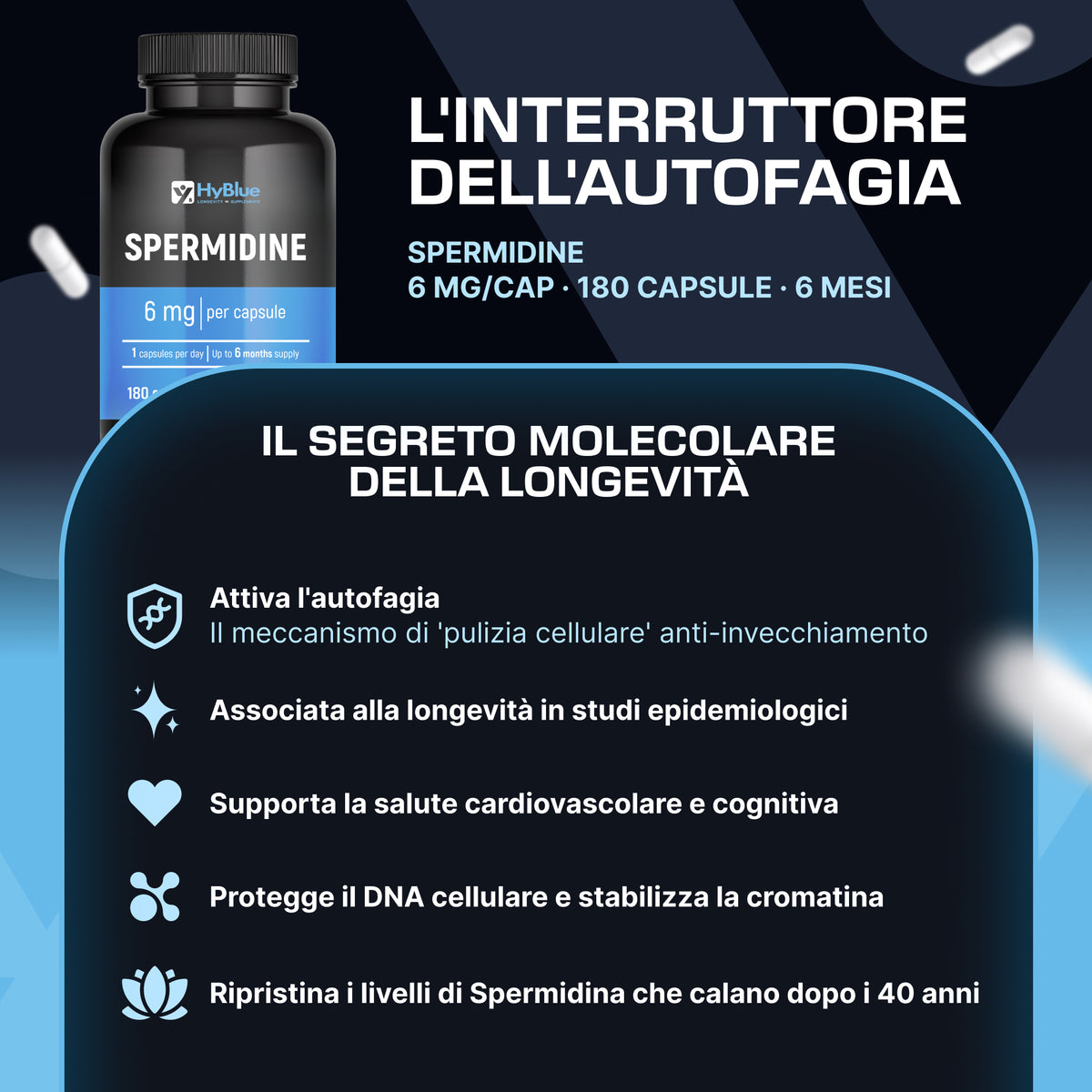 HyBlue Spermidina Pura Alto Dosaggio 180 Cps, 6mg | Integratore Spermidina Alto Dosaggio Per Rinnovo Cellulare e Longevità | Spermidin Integratore No Glutine Ne Lattosio, 100% Vegano | Scorta 6 Mesi