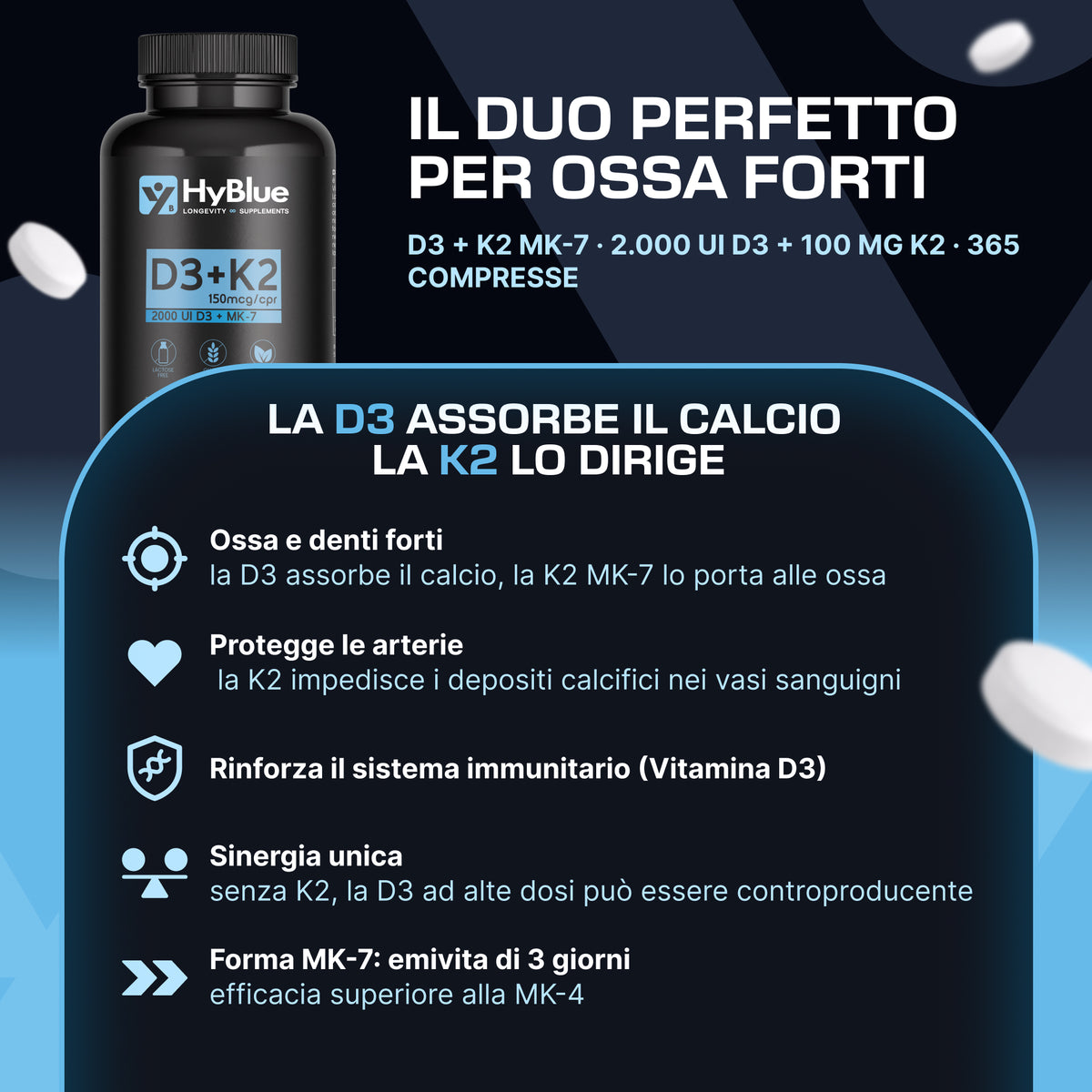 Hyblue Vitamina D3 + K2 Mk-7 360 Cps | Vitamina D3 2000 Ui + K2 100 Μg Alta Biodisponibilità | Vit D3 K2 Ossa, Denti e Difese Immunitarie | No Glutine Ne Lattosio, 100% Vegano | Fino 12 Mesi