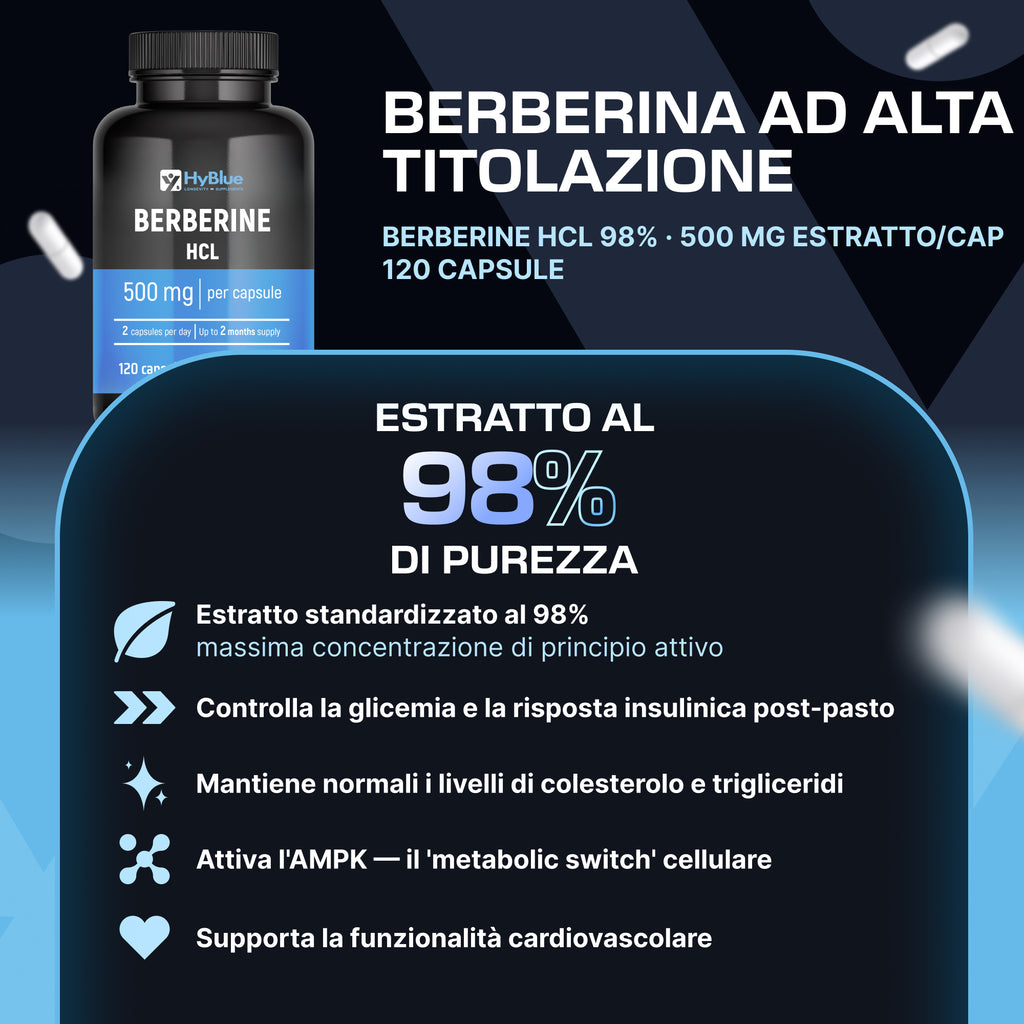 HyBlue Berberina 1000mg Pura Alto Dosaggio 120 Cps, 2x500 Mg | Estratto Di Berberis Aristata | Berberina Integratore Per Supporto Metabolismo | Senza Glutine Ne Lattosio, 100% Vegano | Fino 2 Mesi