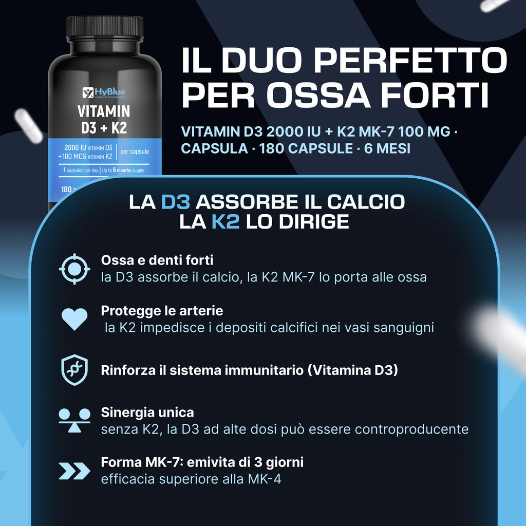 HyBlue Vitamina D3 K2 Mk7 180 Cps | Vitamina D3 2000 UI + K2 100 Μg Alta Biodisponibilità | Vit D3 K2 Ossa, Denti e Difese Immunitarie | No Glutine Ne Lattosio, Vegano | Fino 6 Mesi