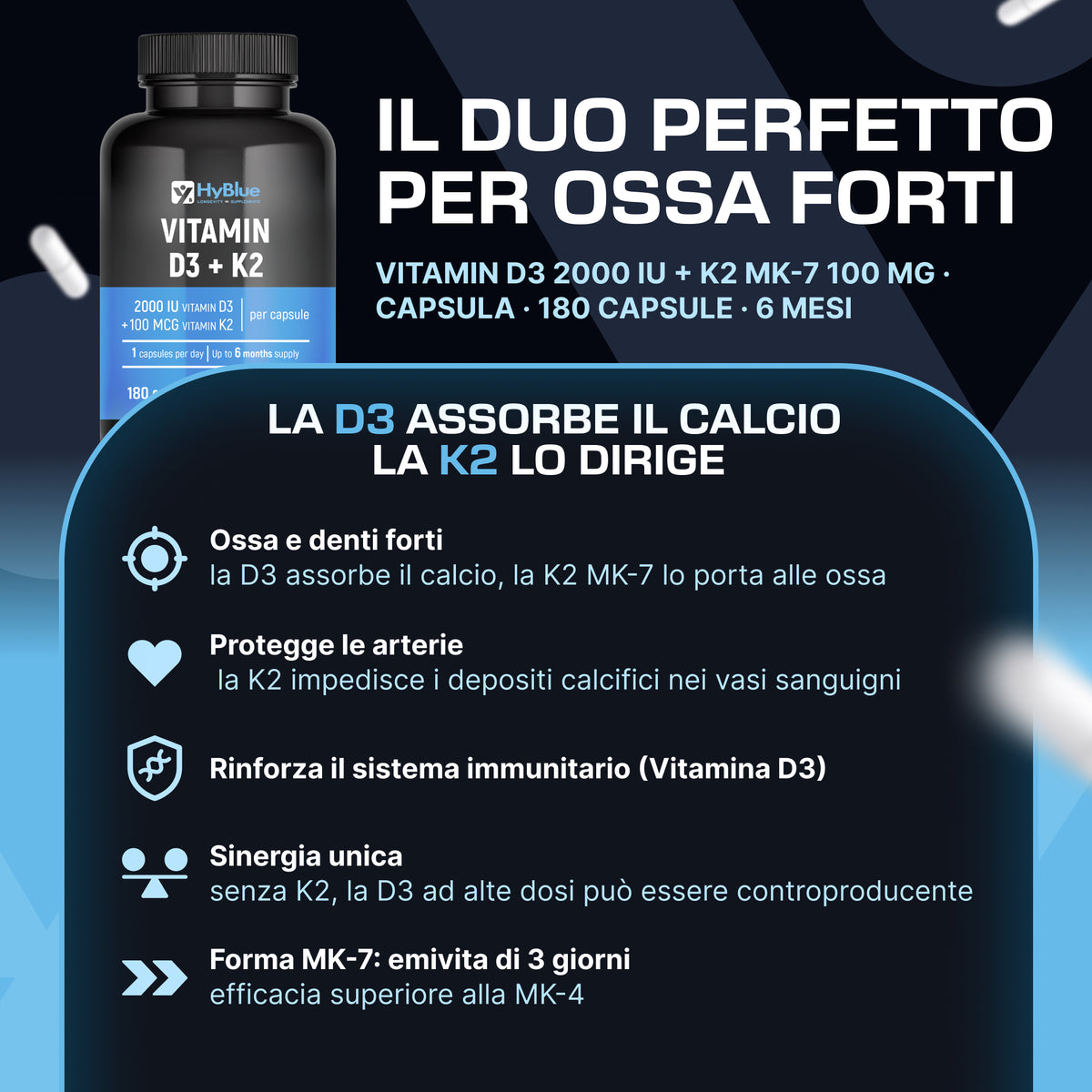 HyBlue Vitamina D3 K2 Mk7 180 Cps | Vitamina D3 2000 UI + K2 100 Μg Alta Biodisponibilità | Vit D3 K2 Ossa, Denti e Difese Immunitarie | No Glutine Ne Lattosio, Vegano | Fino 6 Mesi