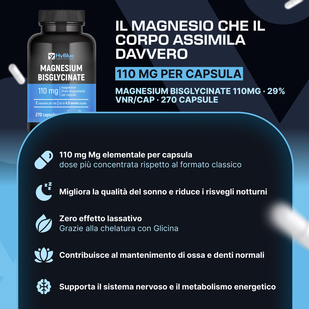 HyBlue Magnesio Bisglicinato Capsule 270, 110mg | Magnesio Glicinato Capsule Alta Biodisponibilità | Integratore Stanchezza Fisica Mentale | Senza Glutine Ne Lattosio, 100% Vegano | Fino 3 Mesi