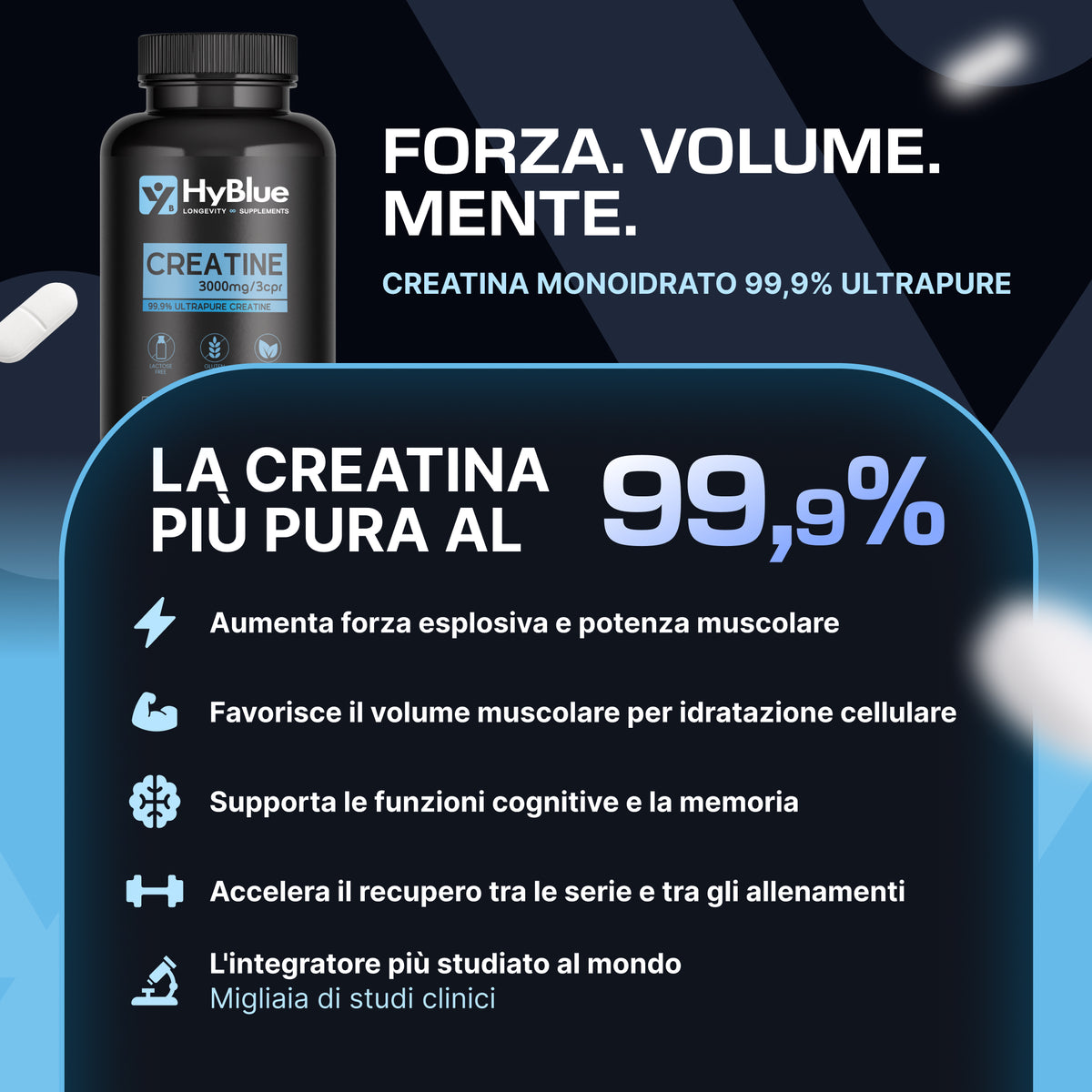 Hyblue Creatina Monoidrata 99,9% Ultrapure 270 Cps, 3g Dose | Ultrapure Creatine Alto Dosaggio Forza, Volume Muscolare e Recupero | Creatine Monohydrate Pura Vegan Senza Glutine | Fino 3 Mesi
