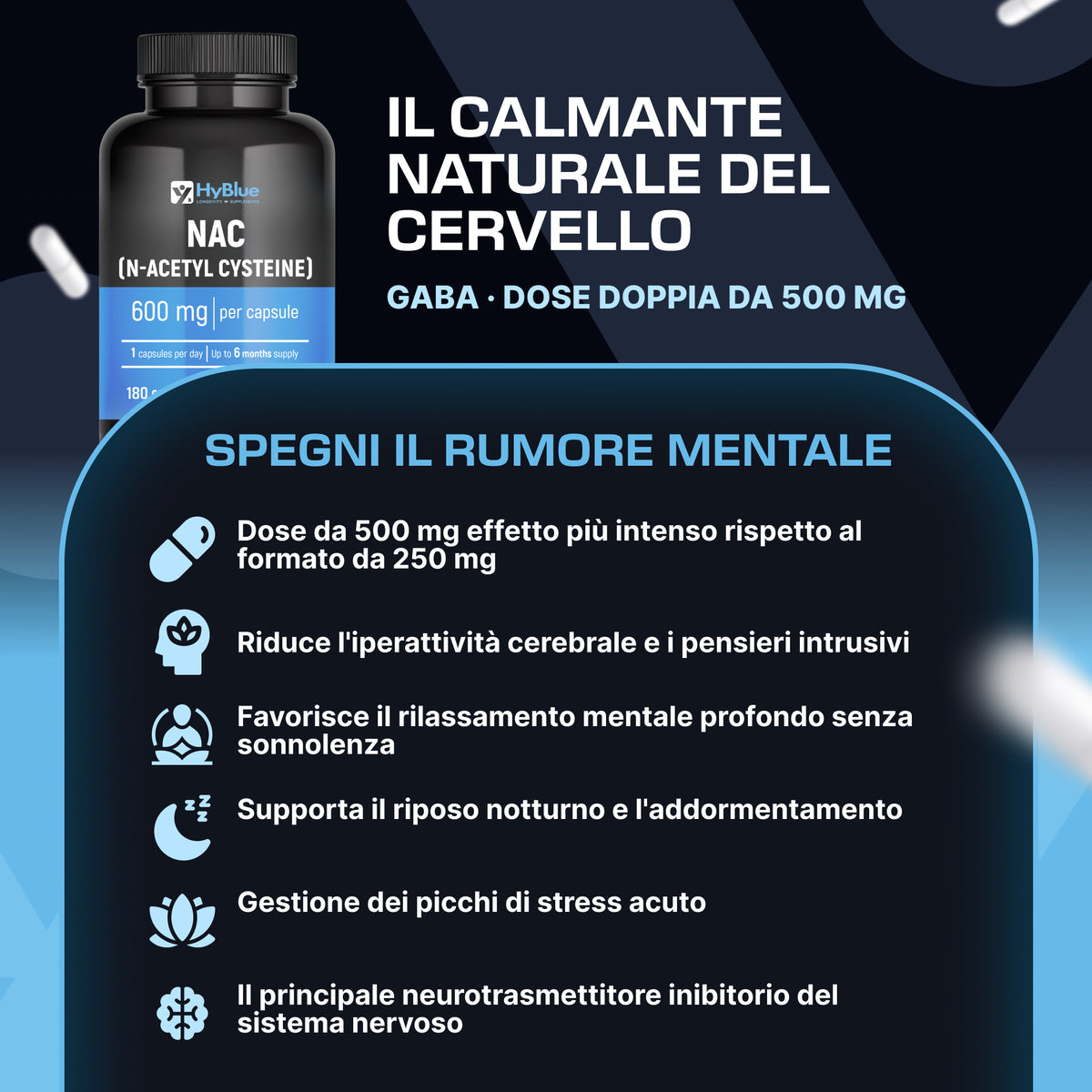 HyBlue GABA Integratore Stanchezza Fisica Mentale 180 Cps, 500mg | Integratore Ansia e Stress Forte | Acido Gamma Amminobutirrico Calma Mentale | No Glutine Ne Lattosio, 100% Vegano | Scorta 6 Mesi