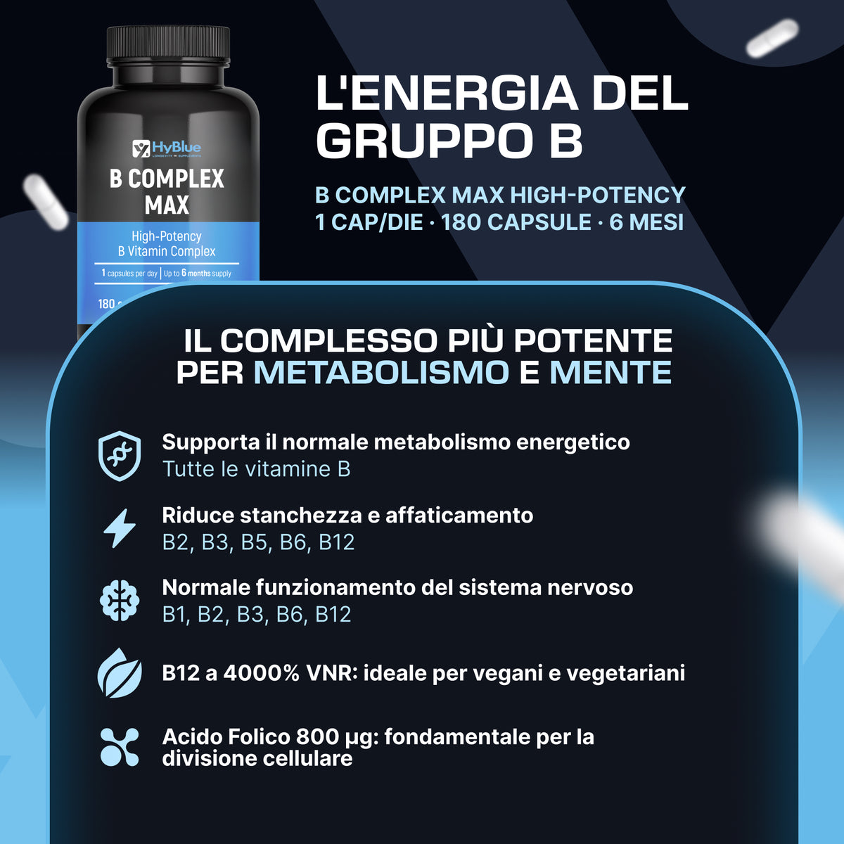 HyBlue Vitamina B Complex Alto Dosaggio, 180 Cps | Complesso Vitamine Gruppo B con B12, Biotina & Acido Folico | Supporto Energia & Sistema Nervoso | No Glutine Ne Lattosio, Vegano | Fino 6 Mesi