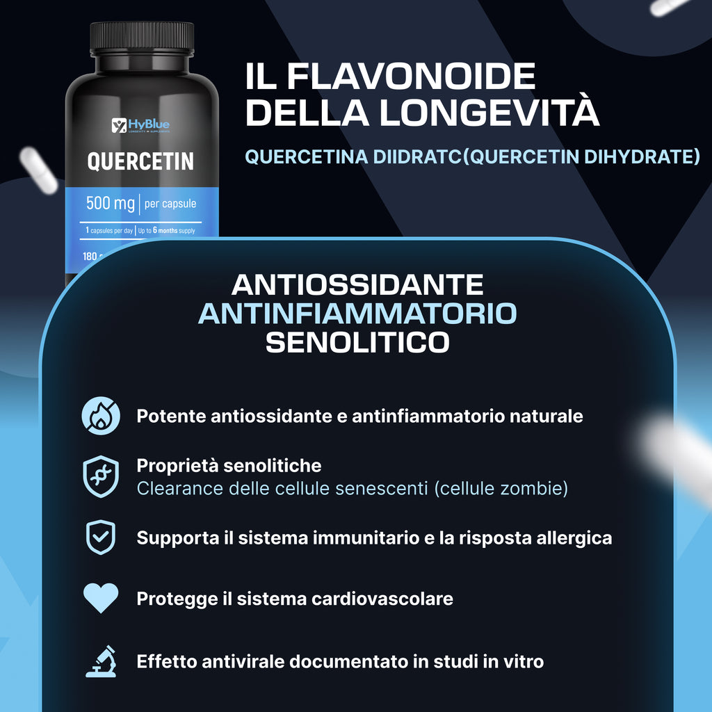 HyBlue Quercetina 500 Mg Pura, 180 Cps | Quercitina 500 Mg Diidrato, Integratore Antiossidante Per Difese Immunitarie e Benessere Naturale | No Glutine Ne Lattosio, Vegano | Fino 6 Mesi