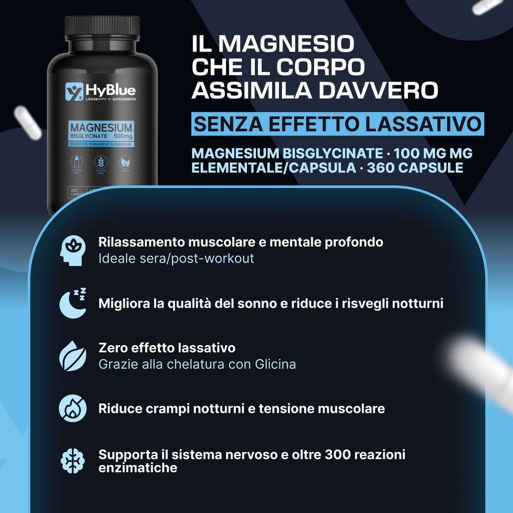 Hyblue Magnesio Bisglicinato Puro 360 Cps, 100mg | Magnesio Glycinate Alta Biodisponibilità | Magnesio Stanchezza E Sistema Nervoso | Senza Glutine Ne Lattosio, 100% Vegano | Fino 6 Mesi