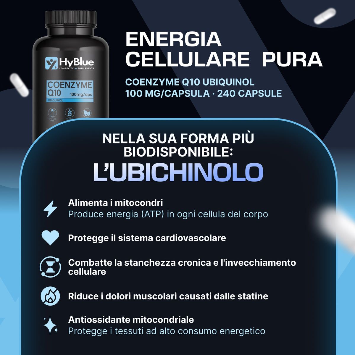 HyBlue Ubichinolo Coenzima Q10 240 cps, 100 mg | Integratore Ubiquinol Coq10 | Potente Antiossidante per Energia Cellulare e Benessere Cardiaco | Senza Glutine Ne Lattosio, 100% Vegano | Fino 8 Mesi
