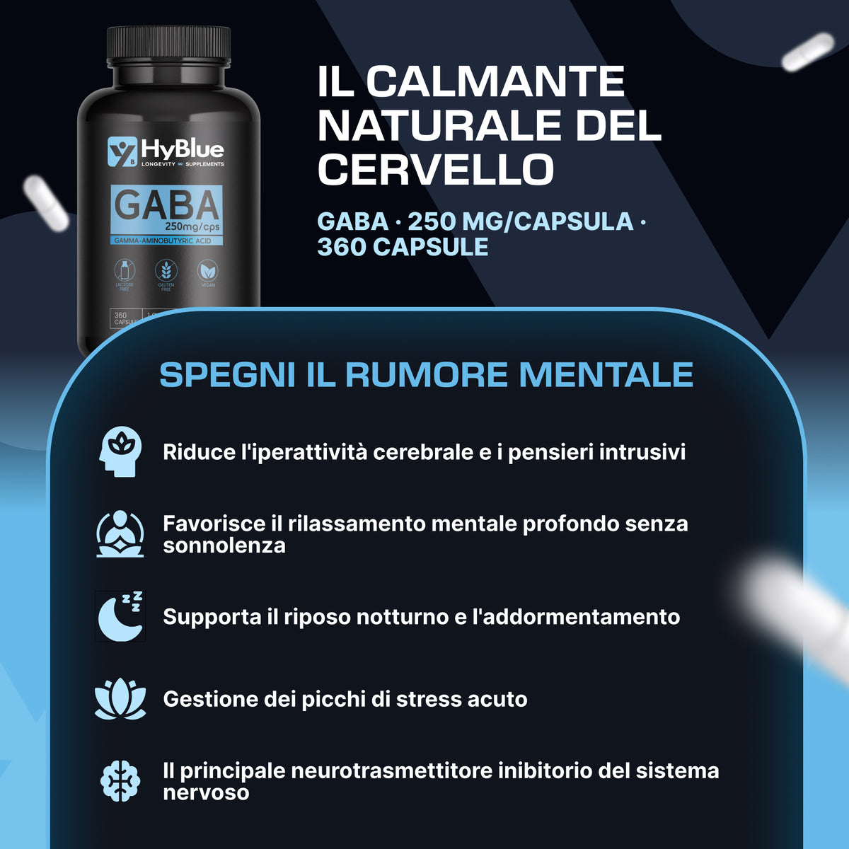 HyBlue GABA Puro 360 Cps, 250mg | Alta Biodisponibilità | Integratore Ansia e Stress Forte | Acido Gamma Amminobutirrico Calma Mentale | No Glutine Ne Lattosio, 100% Vegano | Scorta 12 Mesi