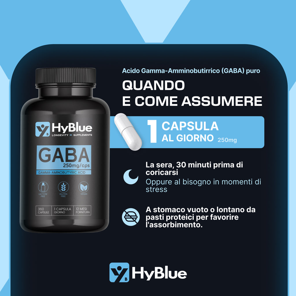 HyBlue GABA Puro 360 Cps, 250mg | Alta Biodisponibilità | Integratore Ansia e Stress Forte | Acido Gamma Amminobutirrico Calma Mentale | No Glutine Ne Lattosio, 100% Vegano | Scorta 12 Mesi