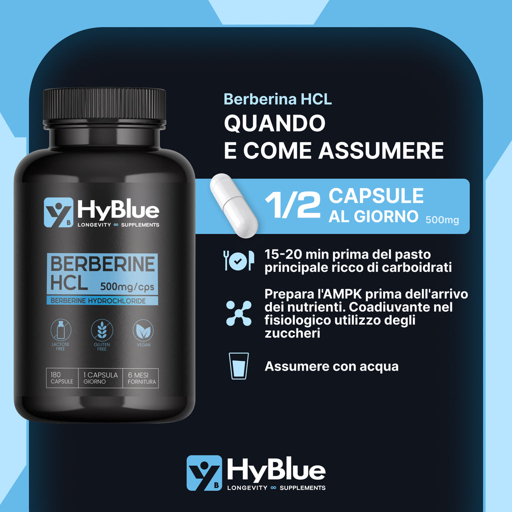 HyBlue Berberina 1000mg Pura Alto Dosaggio 180 Cps, 2 X 500 Mg | Estratto Di Berberis Aristata | Berberina Integratore Per Supporto Metabolismo | Senza Glutine Ne Lattosio, 100% Vegano | Fino 6 Mesi
