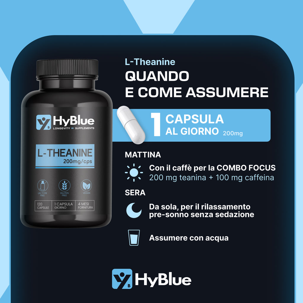HyBlue L Teanina Integratore 120 cps, 200mg | L Theanine per Stress e Performance Cognitive | Stimola Onde Alfa per Focus Mentale e Lucidità | Senza Glutine Ne Lattosio, 100% Vegano | Fino 4 Mesi