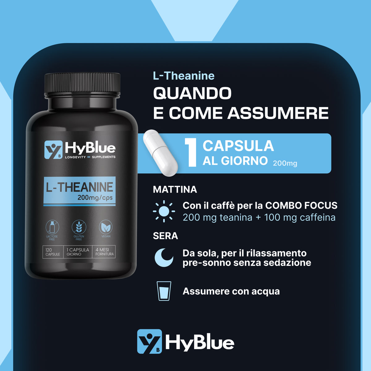 HyBlue L Teanina Integratore 120 cps, 200mg | L Theanine per Stress e Performance Cognitive | Stimola Onde Alfa per Focus Mentale e Lucidità | Senza Glutine Ne Lattosio, 100% Vegano | Fino 4 Mesi