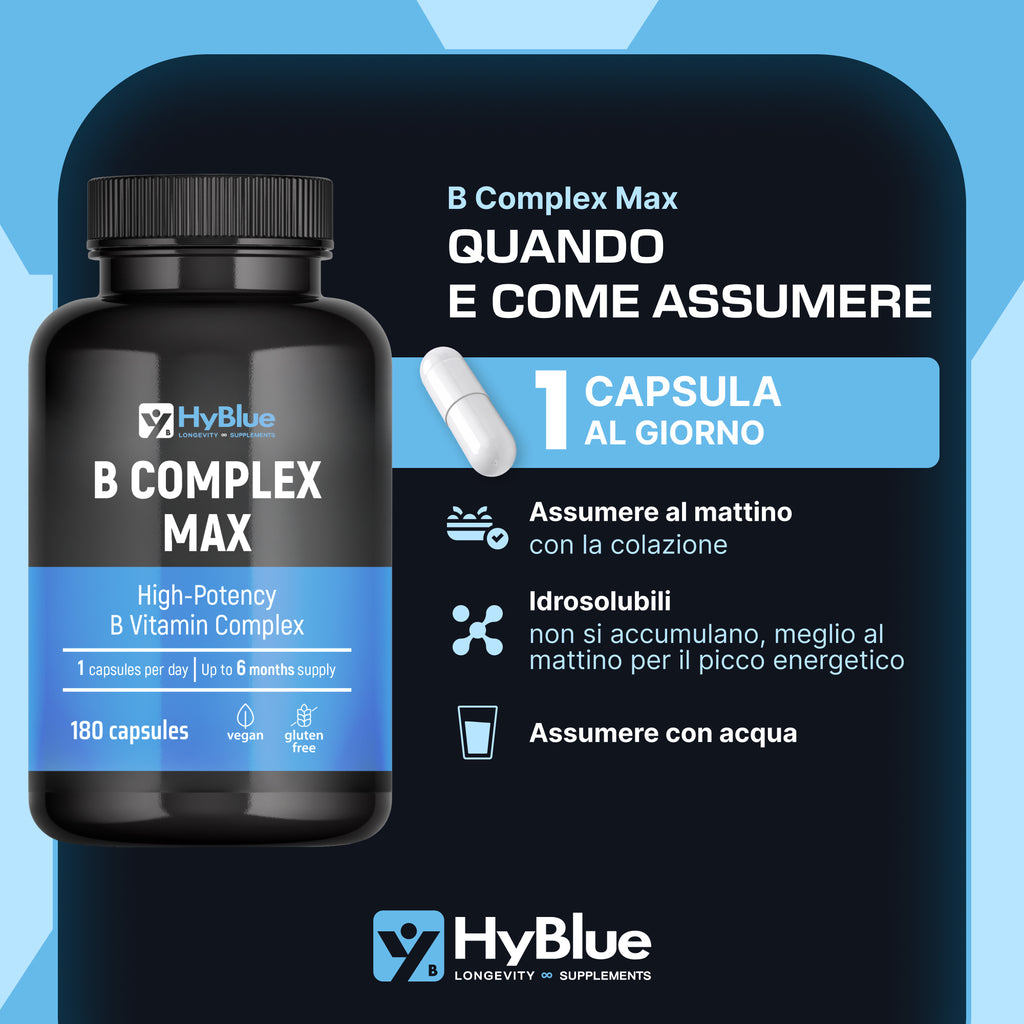 HyBlue Vitamina B Complex Alto Dosaggio, 180 Cps | Complesso Vitamine Gruppo B con B12, Biotina & Acido Folico | Supporto Energia & Sistema Nervoso | No Glutine Ne Lattosio, Vegano | Fino 6 Mesi