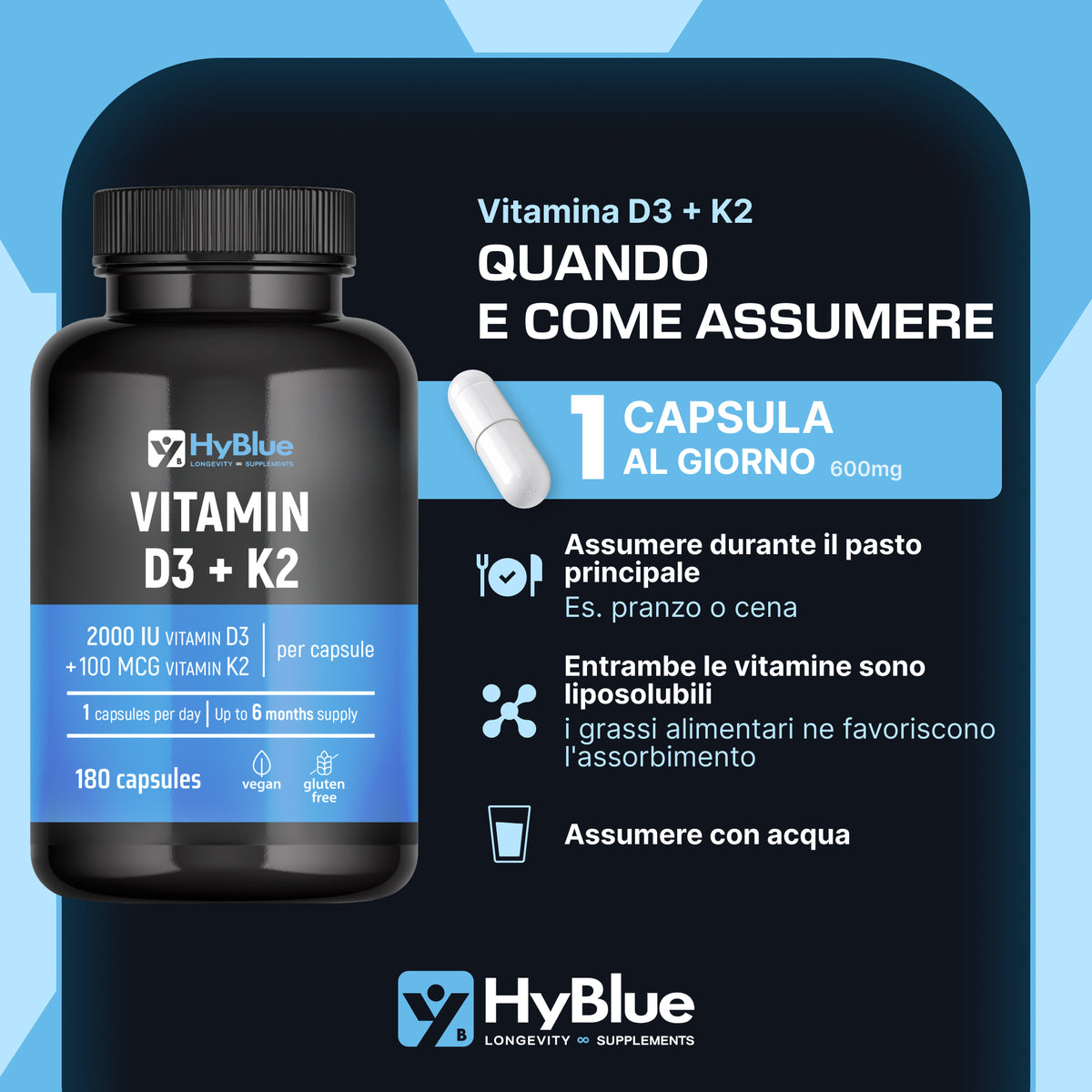 HyBlue Vitamina D3 K2 Mk7 180 Cps | Vitamina D3 2000 UI + K2 100 Μg Alta Biodisponibilità | Vit D3 K2 Ossa, Denti e Difese Immunitarie | No Glutine Ne Lattosio, Vegano | Fino 6 Mesi