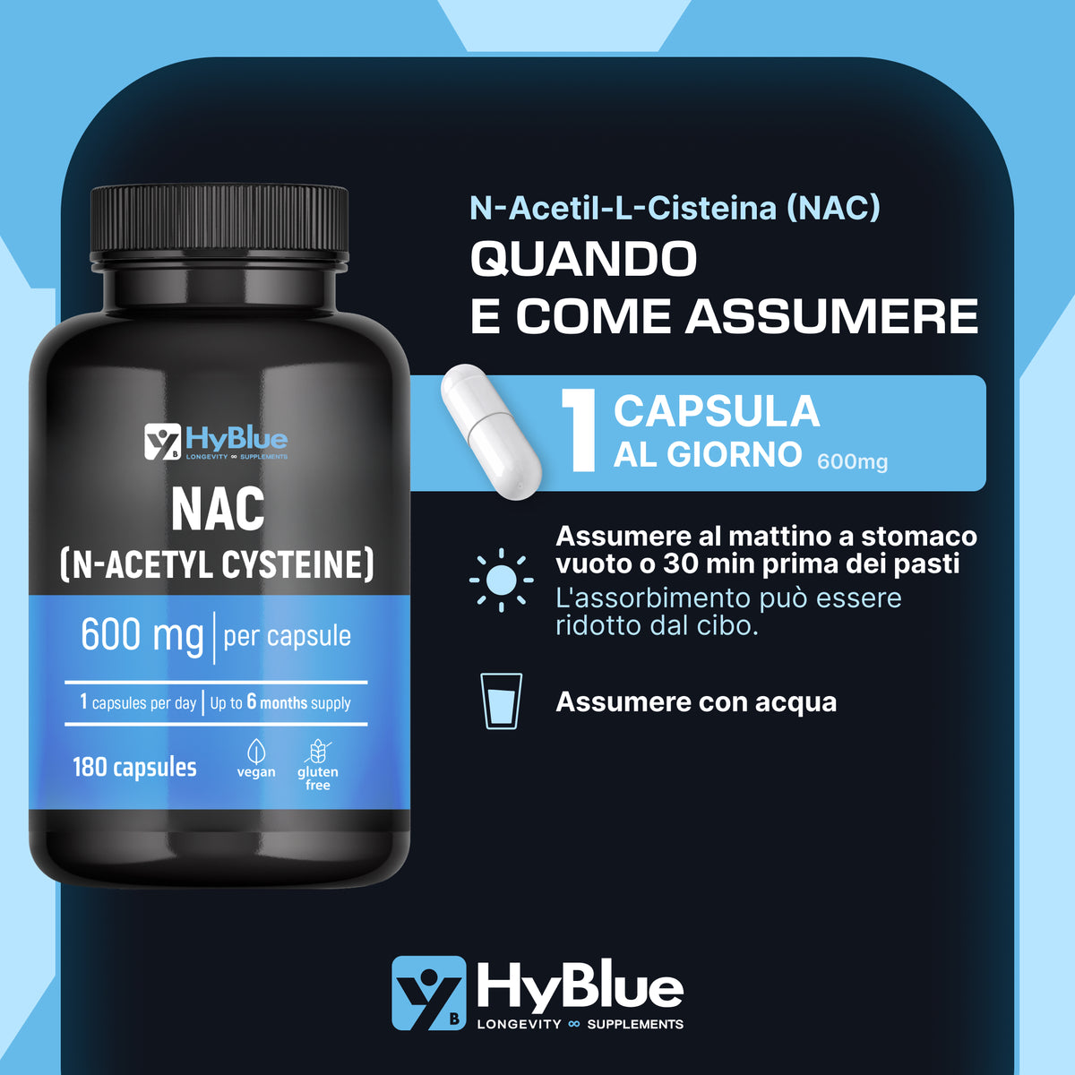 HyBlue Nac N-Acetil-Cisteina Pura, 180 Cps, 600mg | Integratore Acetilcisteina 600 mg, Alta Biodisponibilità | Antiossidante, Detox & Longevità | Senza Glutine Ne Lattosio, Vegano | Fino 6 Mesi