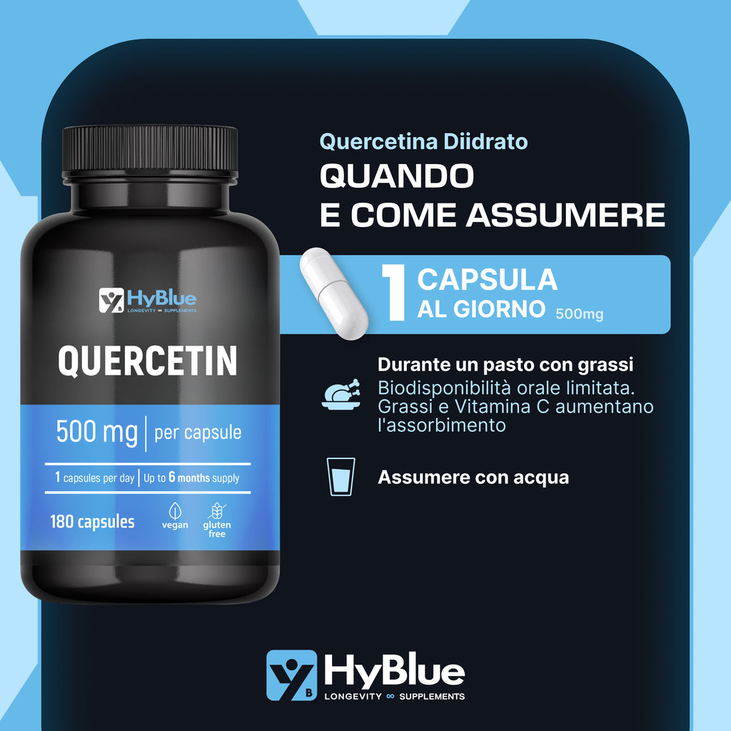 HyBlue Quercetina 500 Mg Pura, 180 Cps | Quercitina 500 Mg Diidrato, Integratore Antiossidante Per Difese Immunitarie e Benessere Naturale | No Glutine Ne Lattosio, Vegano | Fino 6 Mesi