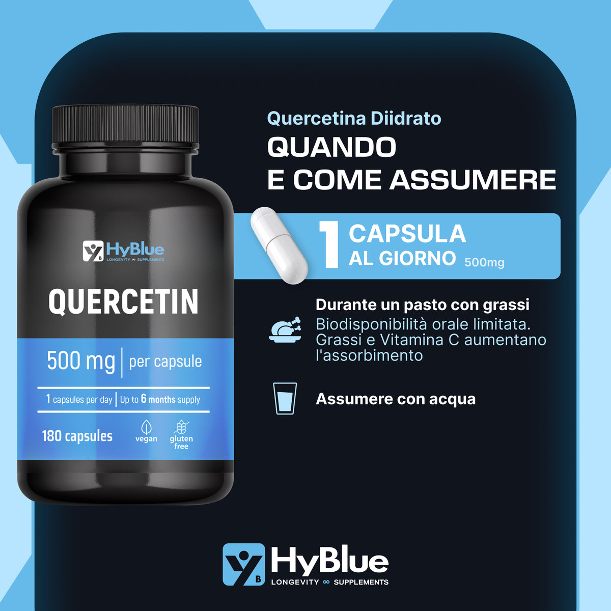 HyBlue Quercetina 500 Mg Pura, 180 Cps | Quercitina 500 Mg Diidrato, Integratore Antiossidante Per Difese Immunitarie e Benessere Naturale | No Glutine Ne Lattosio, Vegano | Fino 6 Mesi