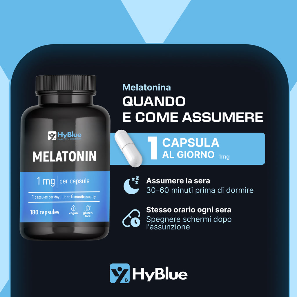 HyBlue Melatonina Per Dormire 180 Cps, 1mg | Integratore Per Dormire Bene Riduce Il Tempo Per Addormentarsi | Melatonina Forte Riposo & Relax Notte | No Glutine Ne Lattosio, 100% Vegano | Fino 6 Mesi