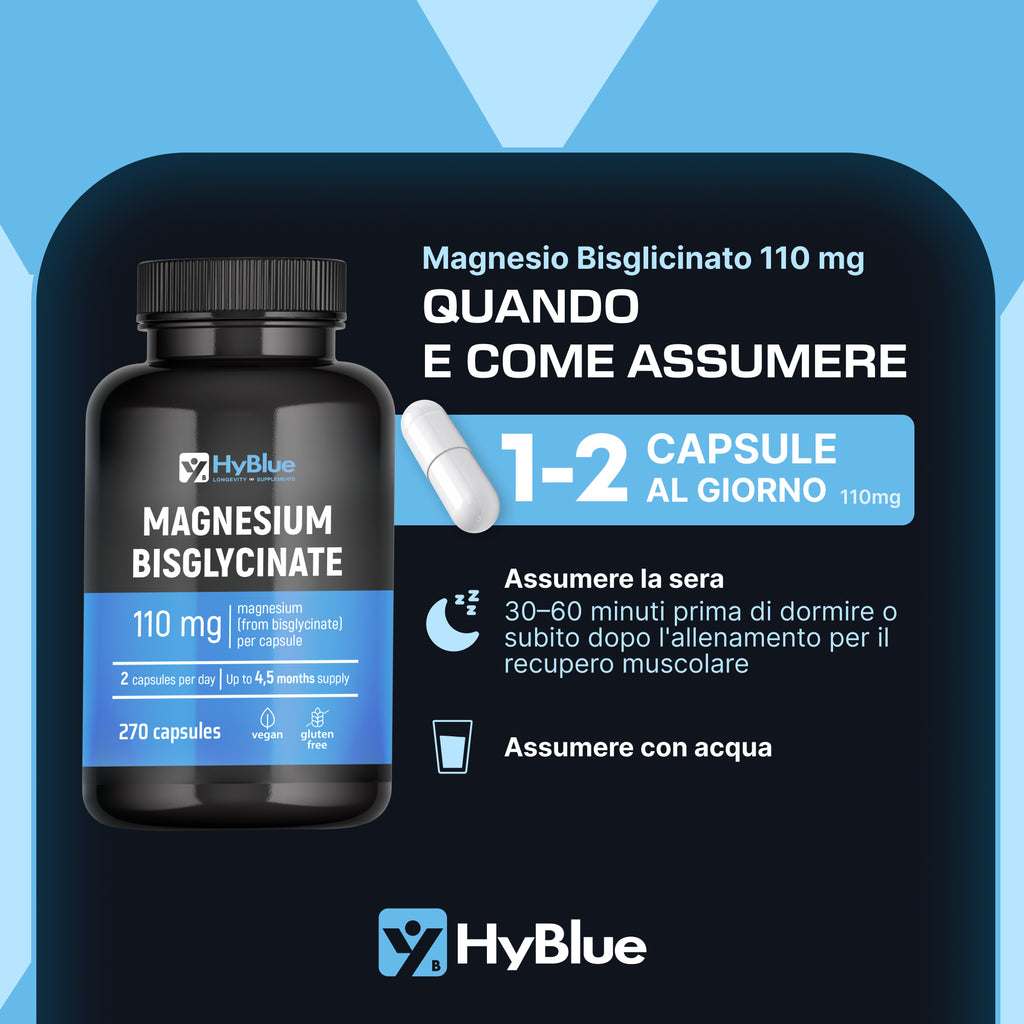 HyBlue Magnesio Bisglicinato Capsule 270, 110mg | Magnesio Glicinato Capsule Alta Biodisponibilità | Integratore Stanchezza Fisica Mentale | Senza Glutine Ne Lattosio, 100% Vegano | Fino 3 Mesi