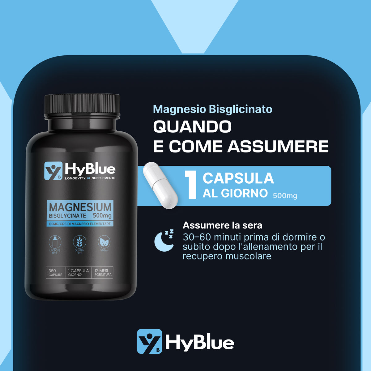 Hyblue Magnesio Bisglicinato Puro 360 Cps, 100mg | Magnesio Glycinate Alta Biodisponibilità | Magnesio Stanchezza E Sistema Nervoso | Senza Glutine Ne Lattosio, 100% Vegano | Fino 6 Mesi