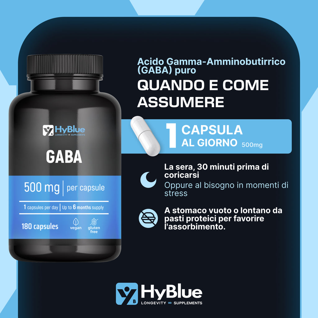 HyBlue GABA Integratore Stanchezza Fisica Mentale 180 Cps, 500mg | Integratore Ansia e Stress Forte | Acido Gamma Amminobutirrico Calma Mentale | No Glutine Ne Lattosio, 100% Vegano | Scorta 6 Mesi