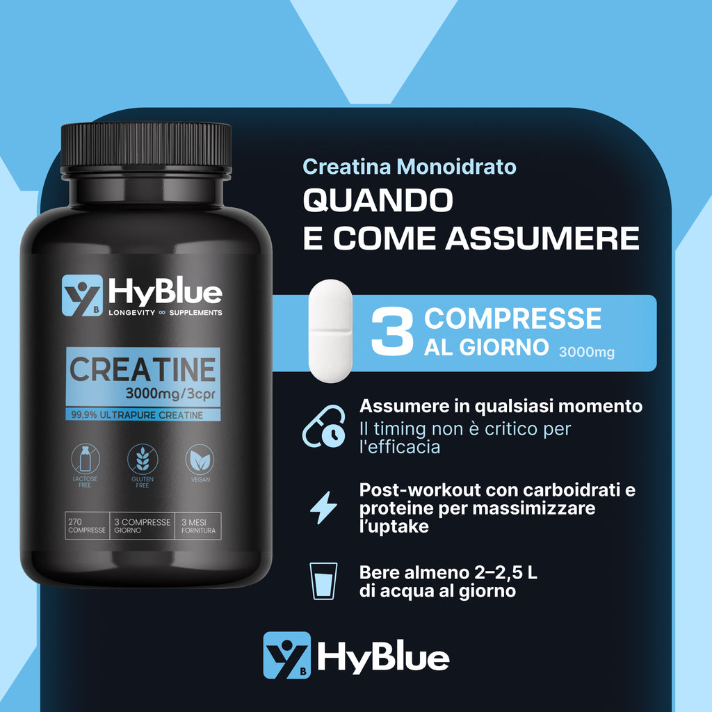 Hyblue Creatina Monoidrata 99,9% Ultrapure 270 Cps, 3g Dose | Ultrapure Creatine Alto Dosaggio Forza, Volume Muscolare e Recupero | Creatine Monohydrate Pura Vegan Senza Glutine | Fino 3 Mesi