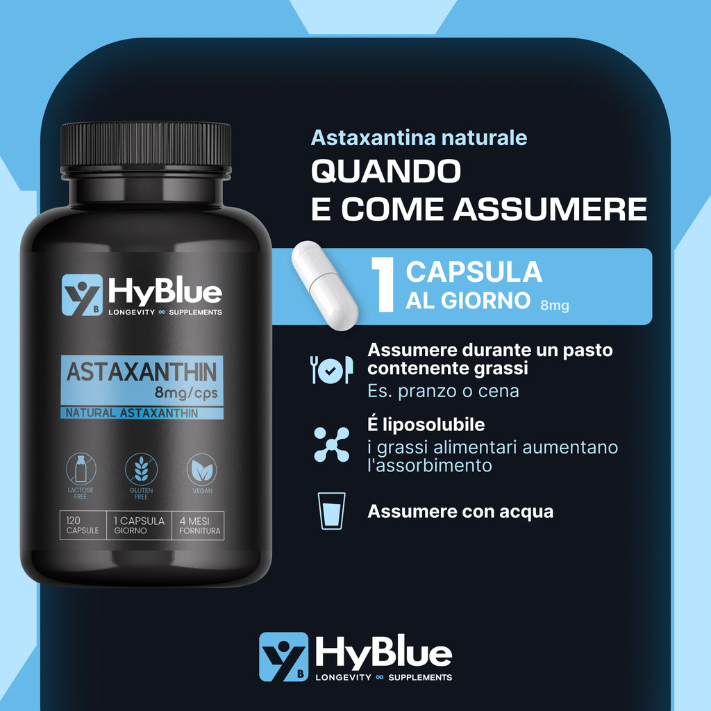 HyBlue Astaxantina Naturale 8 mg | 120 Capsule di Astaxantina Pura Alto Dosaggio | Potente Antiossidante Naturale | Integratore Per Supporto Sport, Recupero e Protezione Cellulare | Fino 4 Mesi