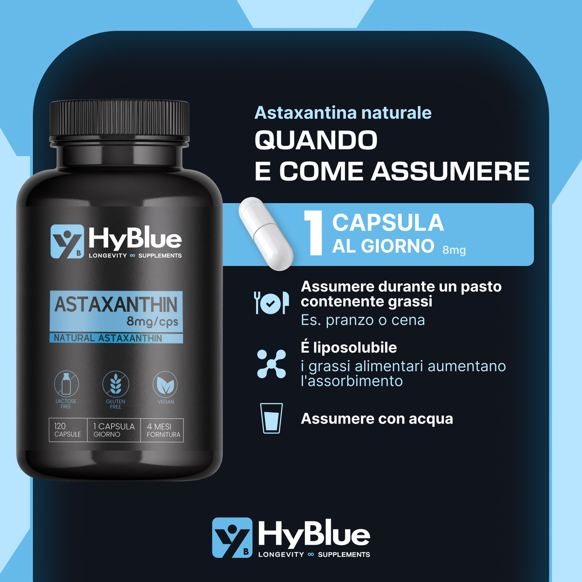 HyBlue Astaxantina Naturale 8 mg | 120 Capsule di Astaxantina Pura Alto Dosaggio | Potente Antiossidante Naturale | Integratore Per Supporto Sport, Recupero e Protezione Cellulare | Fino 4 Mesi