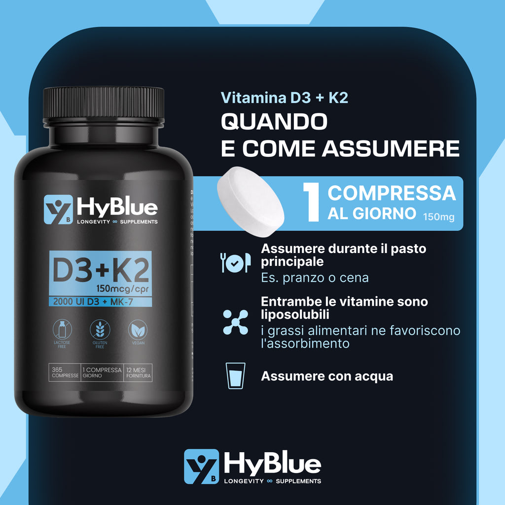 Hyblue Vitamina D3 + K2 Mk-7 360 Cps | Vitamina D3 2000 Ui + K2 100 Μg Alta Biodisponibilità | Vit D3 K2 Ossa, Denti e Difese Immunitarie | No Glutine Ne Lattosio, 100% Vegano | Fino 12 Mesi