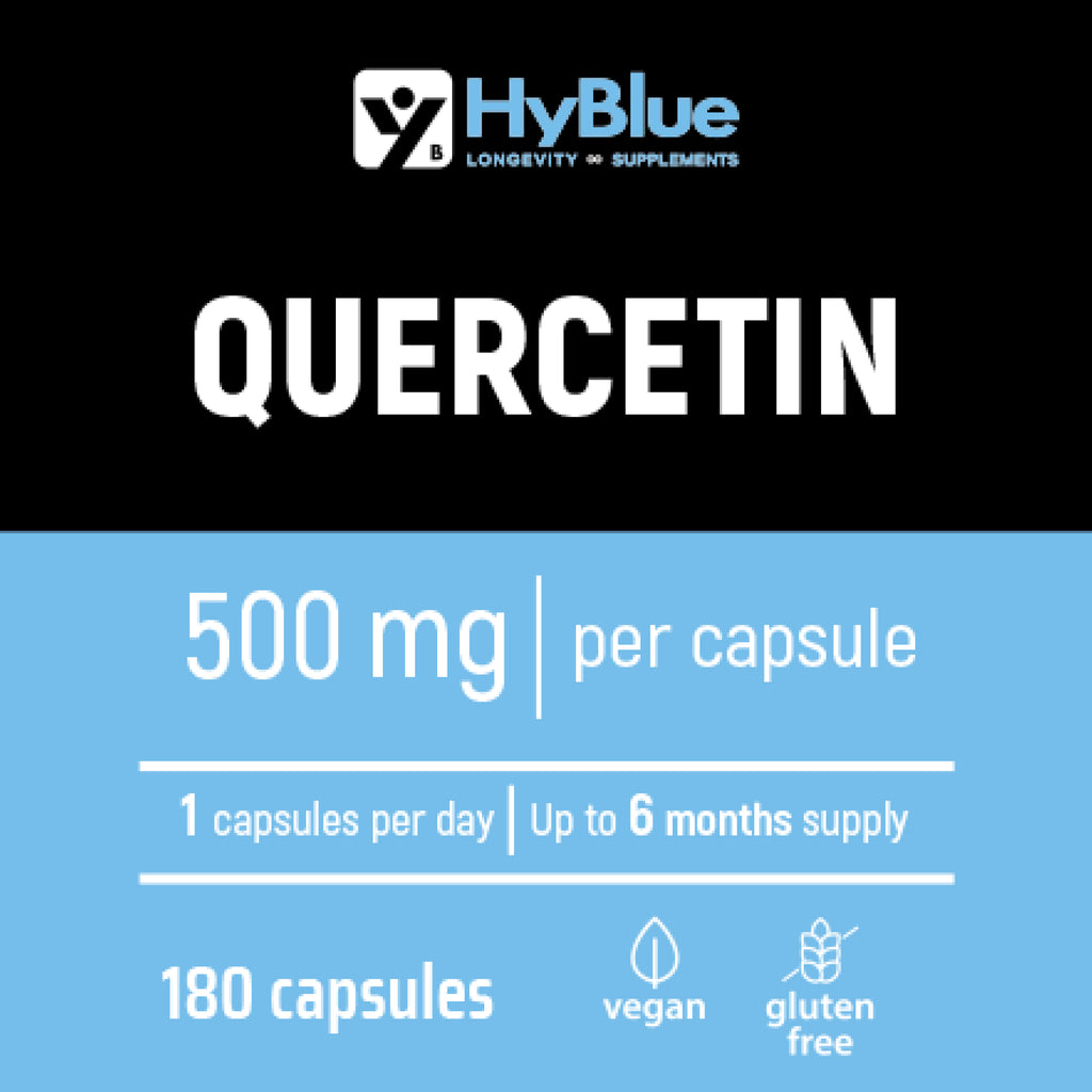 HyBlue Quercetina 500 Mg Pura, 180 Cps | Quercitina 500 Mg Diidrato, Integratore Antiossidante Per Difese Immunitarie e Benessere Naturale | No Glutine Ne Lattosio, Vegano | Fino 6 Mesi