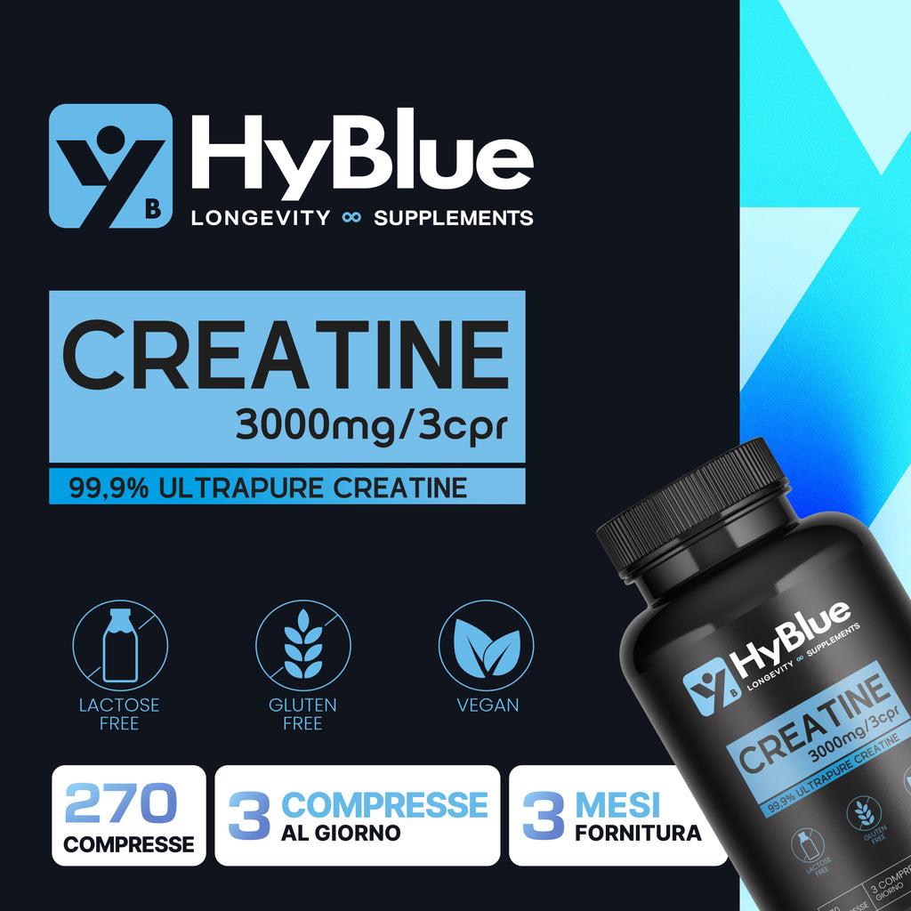 Hyblue Creatina Monoidrata 99,9% Ultrapure 270 Cps, 3g Dose | Ultrapure Creatine Alto Dosaggio Forza, Volume Muscolare e Recupero | Creatine Monohydrate Pura Vegan Senza Glutine | Fino 3 Mesi