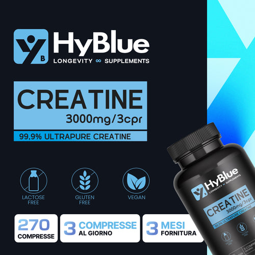 Hyblue Creatina Monoidrata 99,9% Ultrapure 270 Cps, 3g Dose | Ultrapure Creatine Alto Dosaggio Forza, Volume Muscolare e Recupero | Creatine Monohydrate Pura Vegan Senza Glutine | Fino 3 Mesi