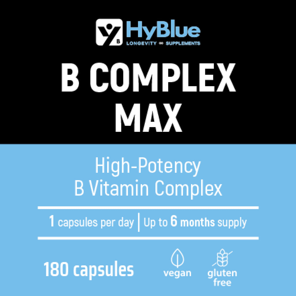 HyBlue Vitamina B Complex Alto Dosaggio, 180 Cps | Complesso Vitamine Gruppo B con B12, Biotina & Acido Folico | Supporto Energia & Sistema Nervoso | No Glutine Ne Lattosio, Vegano | Fino 6 Mesi