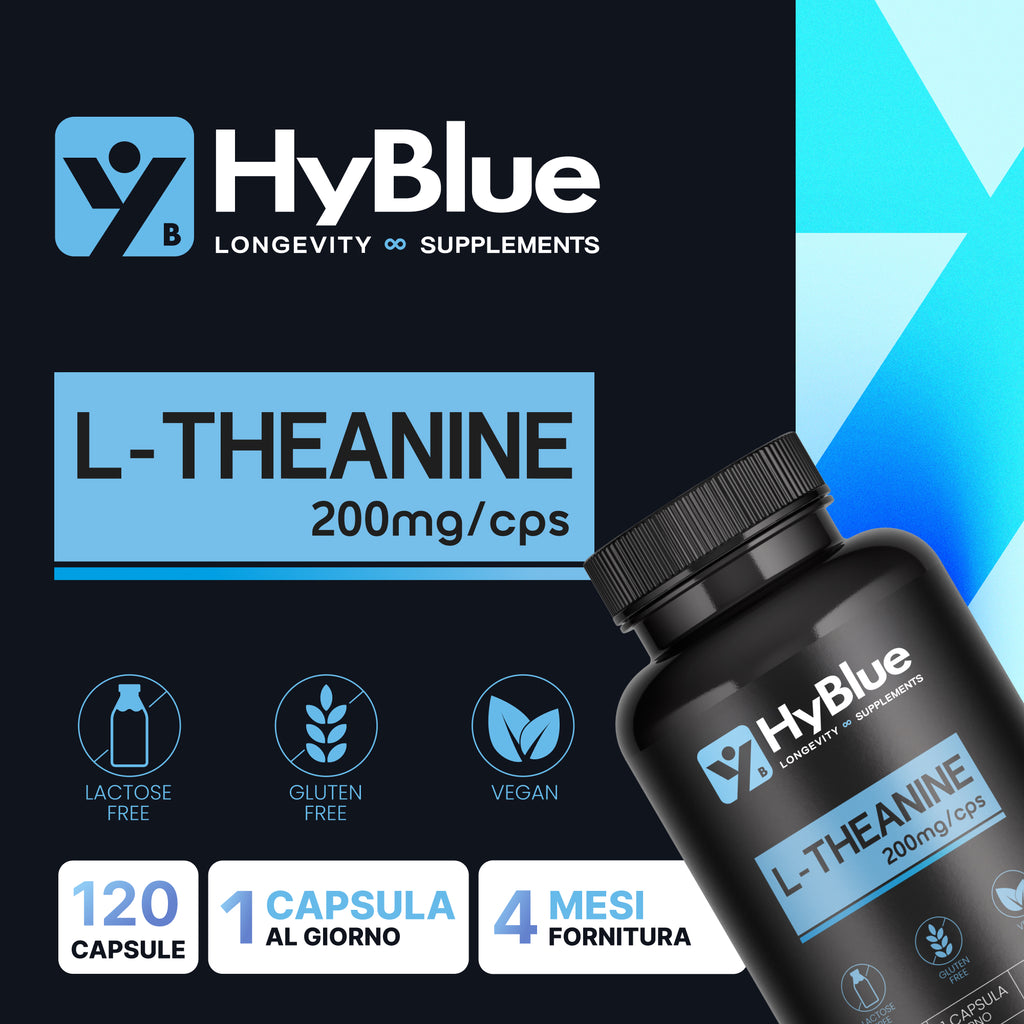 HyBlue L Teanina Integratore 120 cps, 200mg | L Theanine per Stress e Performance Cognitive | Stimola Onde Alfa per Focus Mentale e Lucidità | Senza Glutine Ne Lattosio, 100% Vegano | Fino 4 Mesi