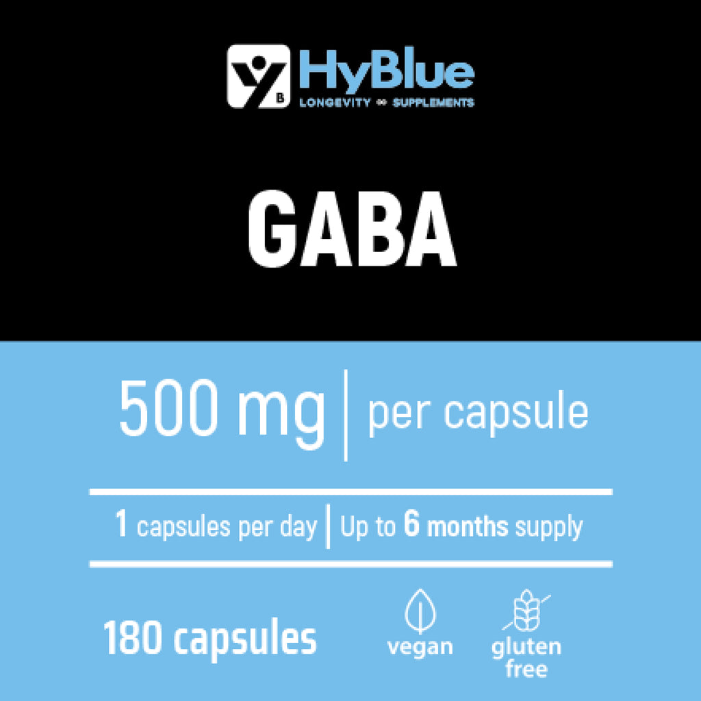 HyBlue GABA Integratore Stanchezza Fisica Mentale 180 Cps, 500mg | Integratore Ansia e Stress Forte | Acido Gamma Amminobutirrico Calma Mentale | No Glutine Ne Lattosio, 100% Vegano | Scorta 6 Mesi