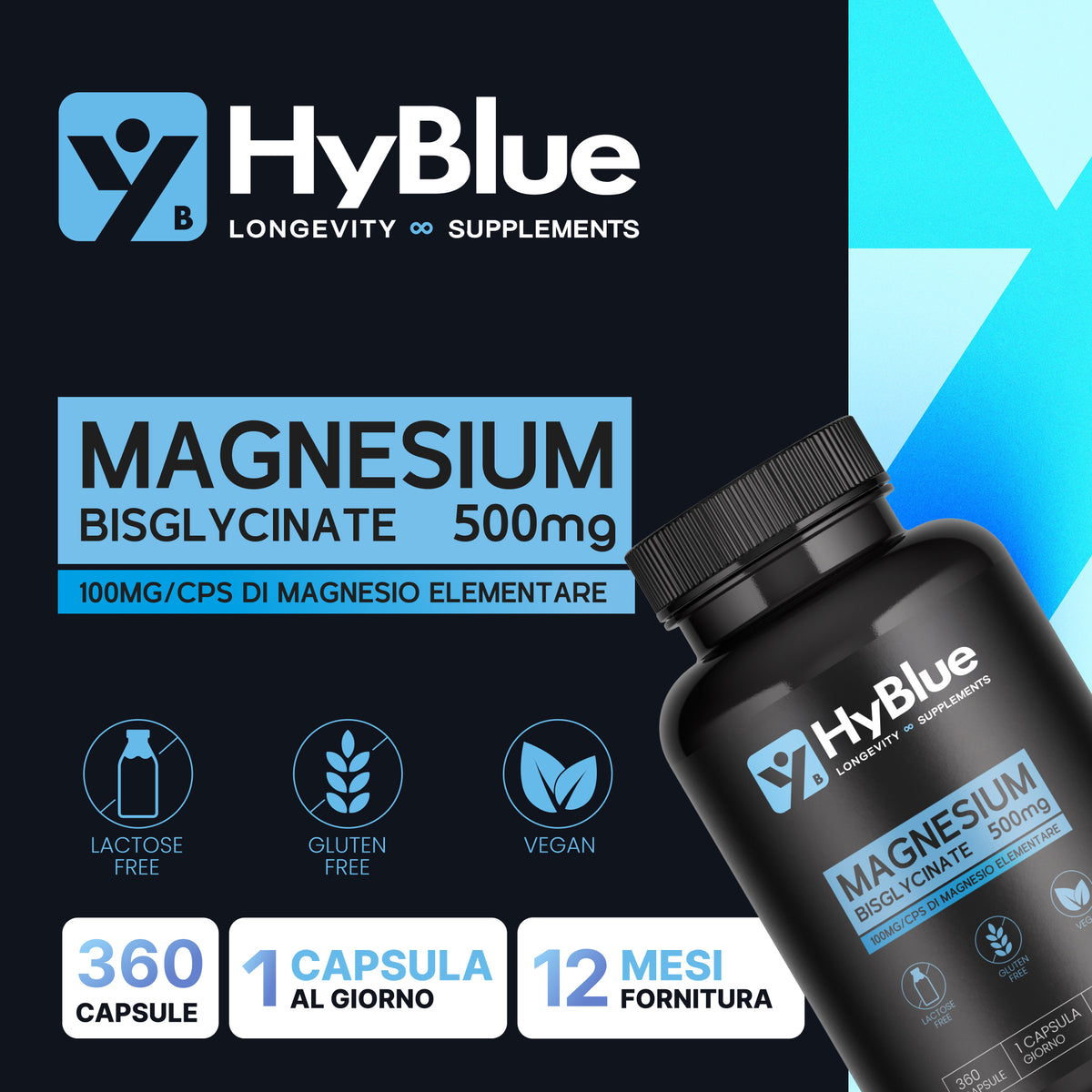 Hyblue Magnesio Bisglicinato Puro 360 Cps, 100mg | Magnesio Glycinate Alta Biodisponibilità | Magnesio Stanchezza E Sistema Nervoso | Senza Glutine Ne Lattosio, 100% Vegano | Fino 6 Mesi