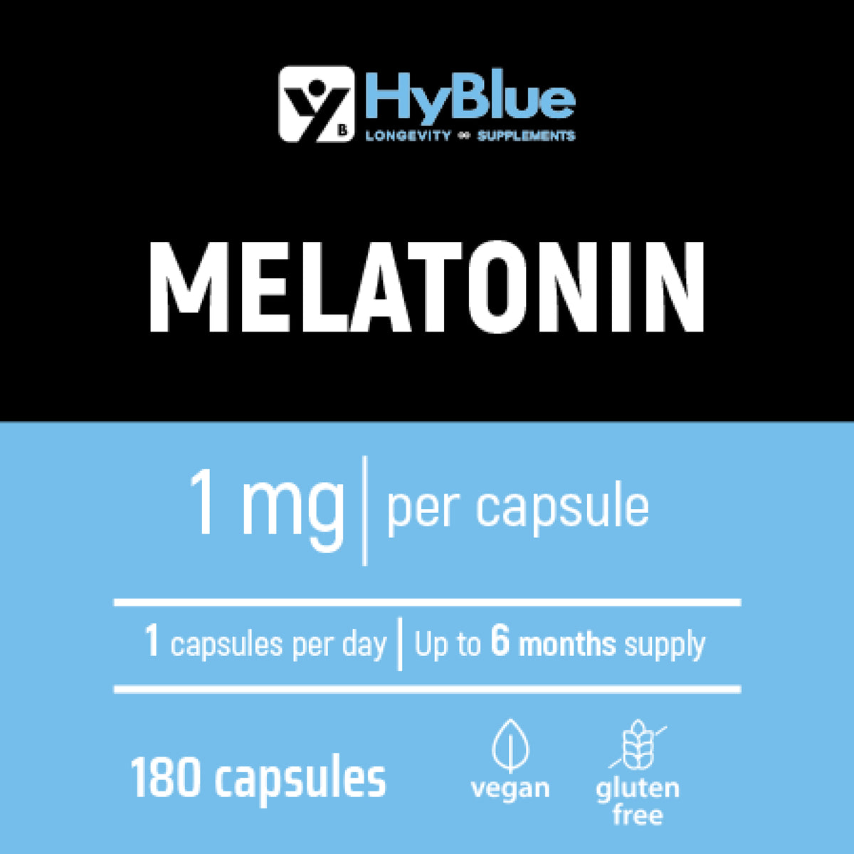 HyBlue Melatonina Per Dormire 180 Cps, 1mg | Integratore Per Dormire Bene Riduce Il Tempo Per Addormentarsi | Melatonina Forte Riposo & Relax Notte | No Glutine Ne Lattosio, 100% Vegano | Fino 6 Mesi