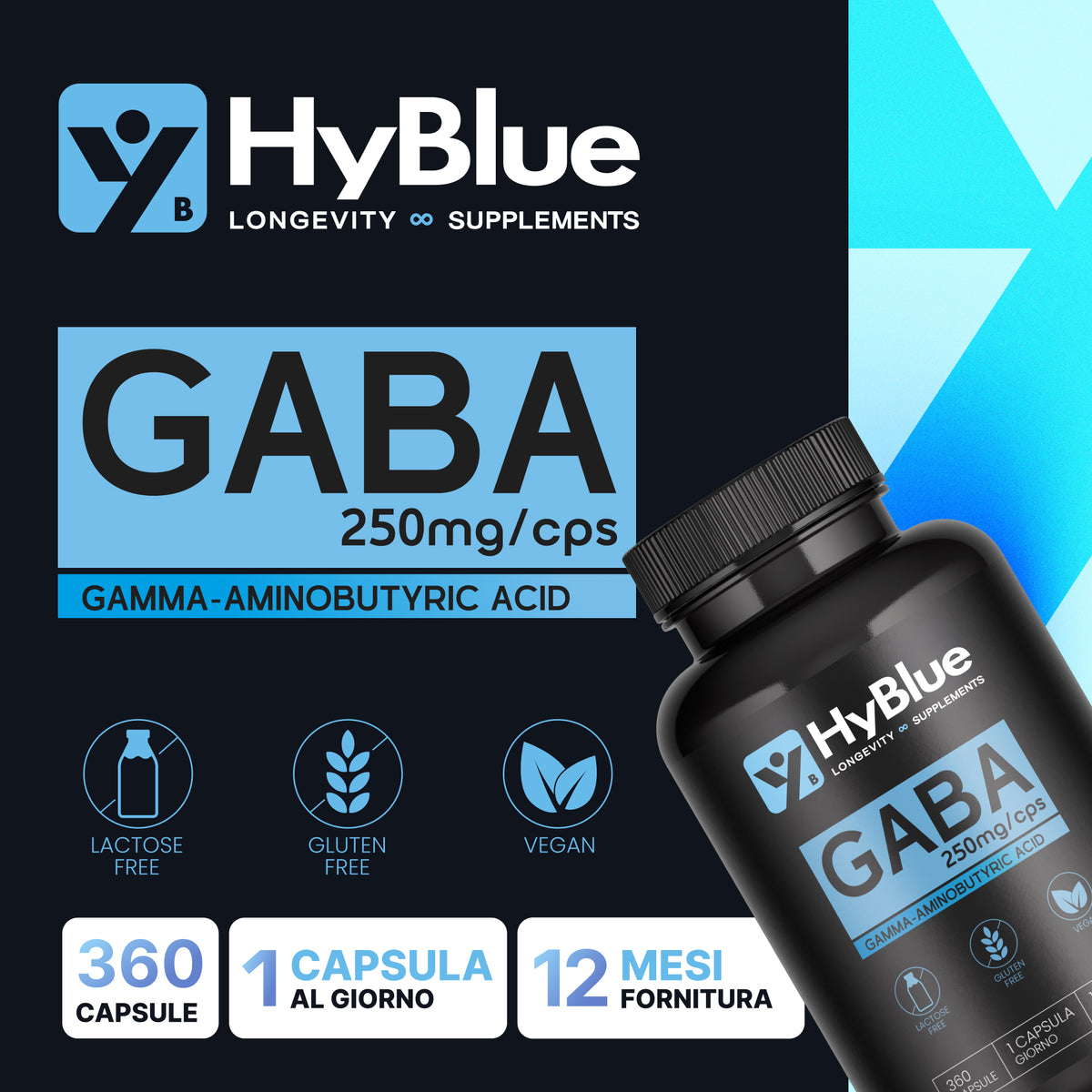 HyBlue GABA Puro 360 Cps, 250mg | Alta Biodisponibilità | Integratore Ansia e Stress Forte | Acido Gamma Amminobutirrico Calma Mentale | No Glutine Ne Lattosio, 100% Vegano | Scorta 12 Mesi