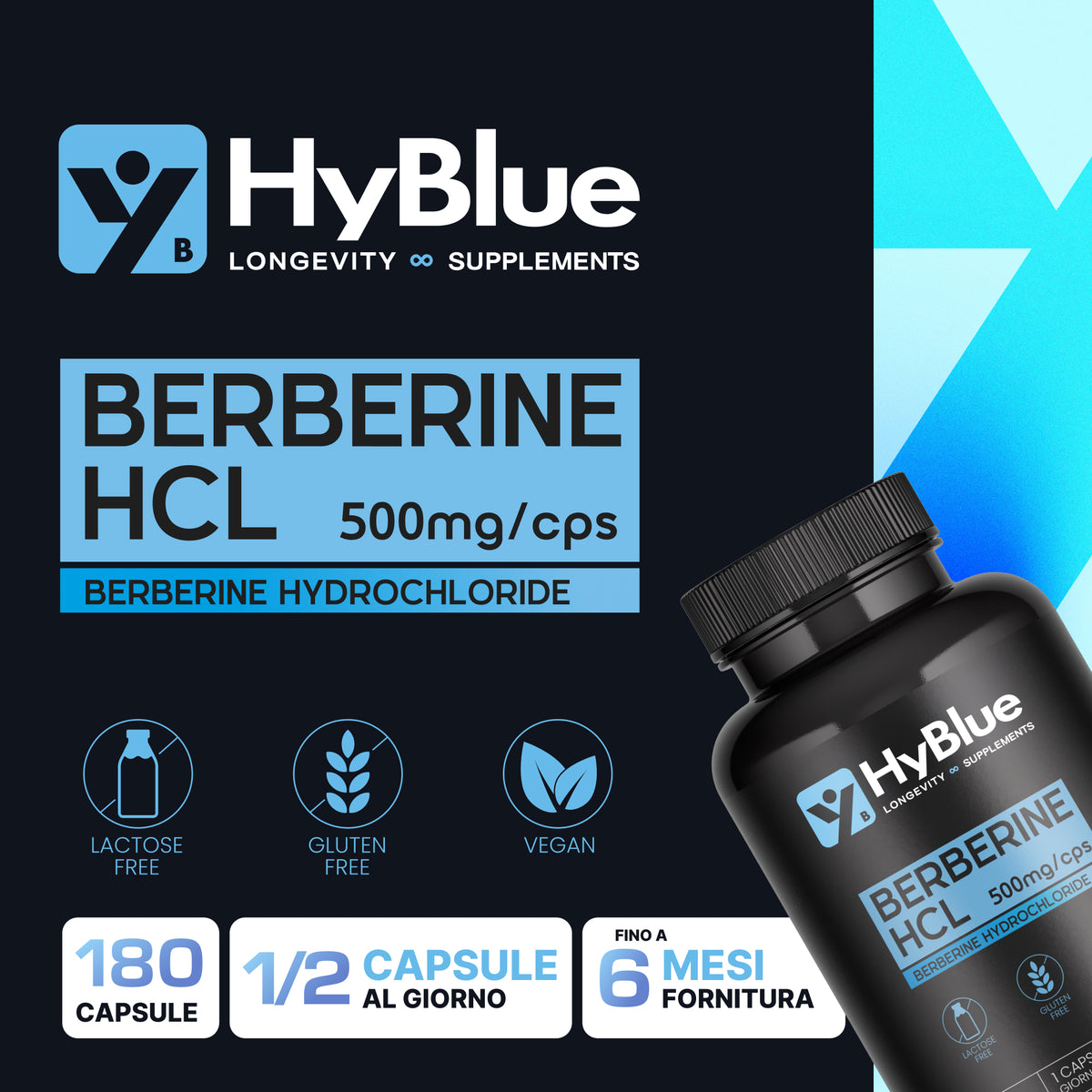HyBlue Berberina 1000mg Pura Alto Dosaggio 180 Cps, 2 X 500 Mg | Estratto Di Berberis Aristata | Berberina Integratore Per Supporto Metabolismo | Senza Glutine Ne Lattosio, 100% Vegano | Fino 6 Mesi