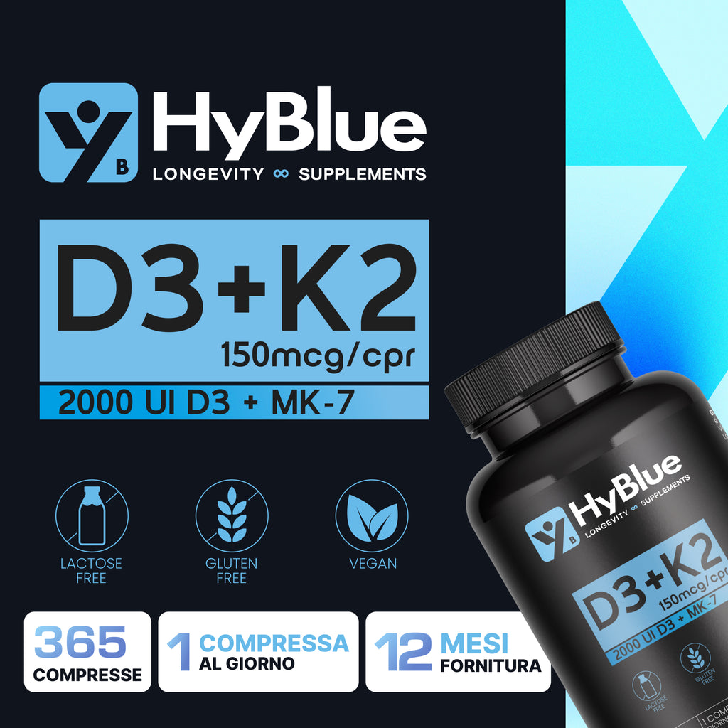 Hyblue Vitamina D3 + K2 Mk-7 360 Cps | Vitamina D3 2000 Ui + K2 100 Μg Alta Biodisponibilità | Vit D3 K2 Ossa, Denti e Difese Immunitarie | No Glutine Ne Lattosio, 100% Vegano | Fino 12 Mesi