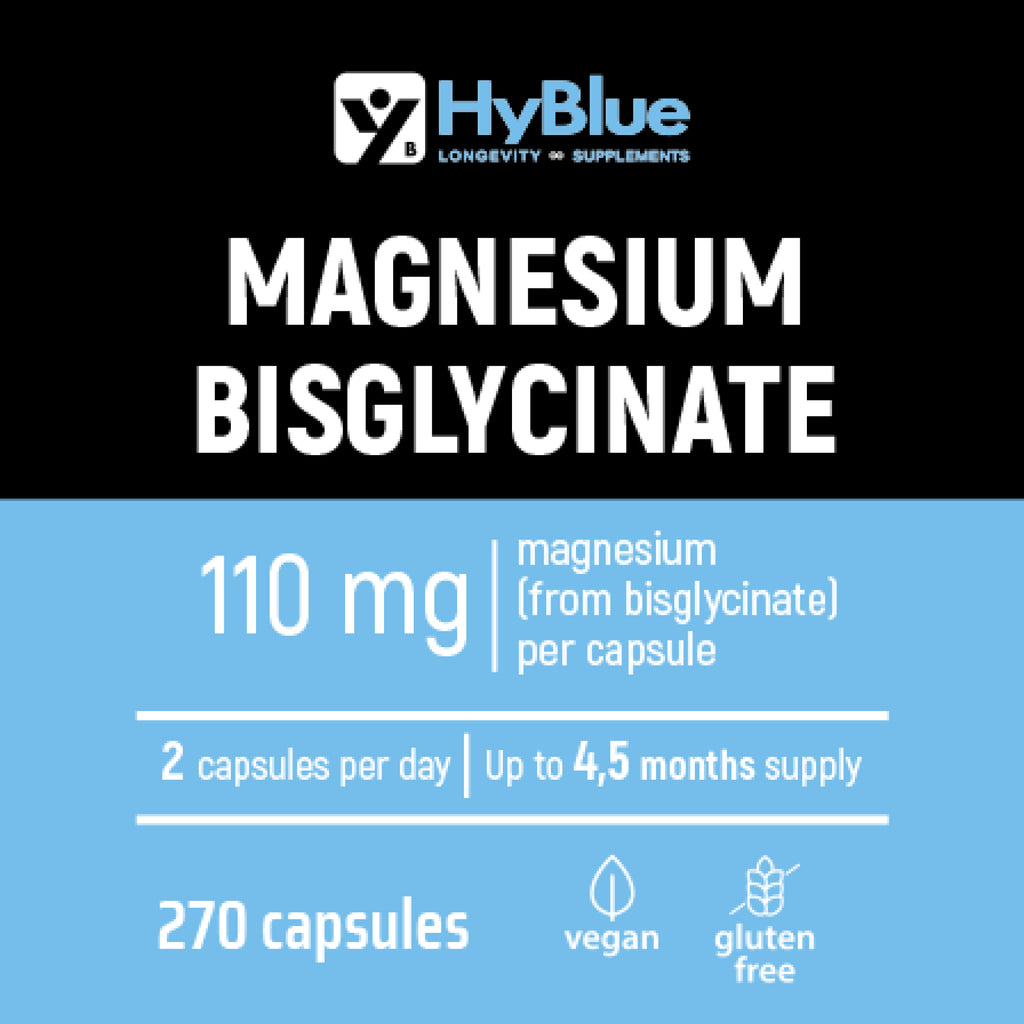 HyBlue Magnesio Bisglicinato Capsule 270, 110mg | Magnesio Glicinato Capsule Alta Biodisponibilità | Integratore Stanchezza Fisica Mentale | Senza Glutine Ne Lattosio, 100% Vegano | Fino 3 Mesi