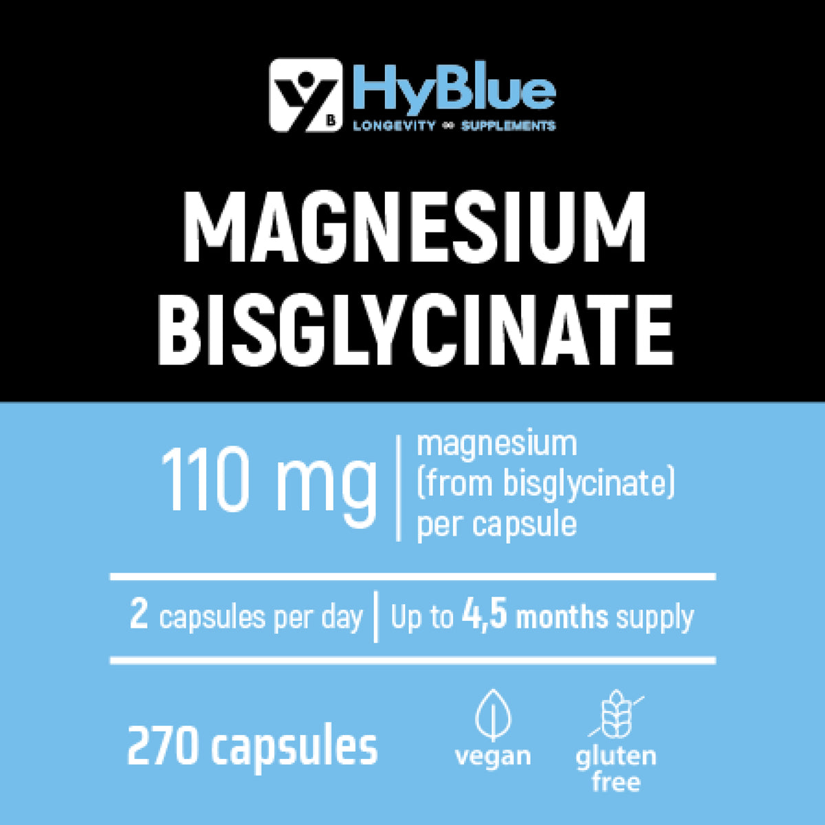 HyBlue Magnesio Bisglicinato Capsule 270, 110mg | Magnesio Glicinato Capsule Alta Biodisponibilità | Integratore Stanchezza Fisica Mentale | Senza Glutine Ne Lattosio, 100% Vegano | Fino 3 Mesi
