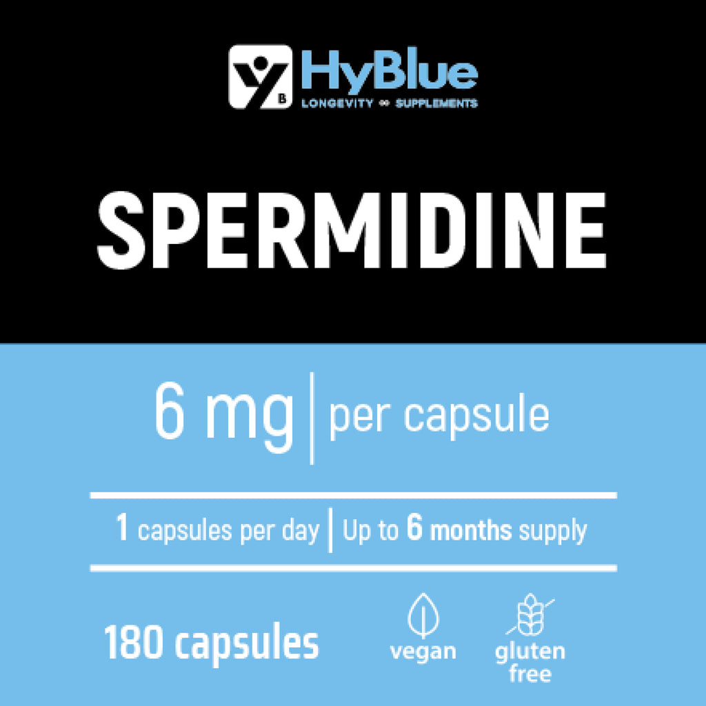 HyBlue Spermidina Pura Alto Dosaggio 180 Cps, 6mg | Integratore Spermidina Alto Dosaggio Per Rinnovo Cellulare e Longevità | Spermidin Integratore No Glutine Ne Lattosio, 100% Vegano | Scorta 6 Mesi