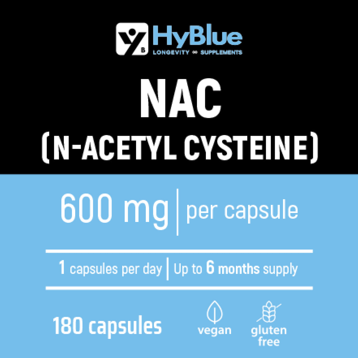 HyBlue Nac N-Acetil-Cisteina Pura, 180 Cps, 600mg | Integratore Acetilcisteina 600 mg, Alta Biodisponibilità | Antiossidante, Detox & Longevità | Senza Glutine Ne Lattosio, Vegano | Fino 6 Mesi