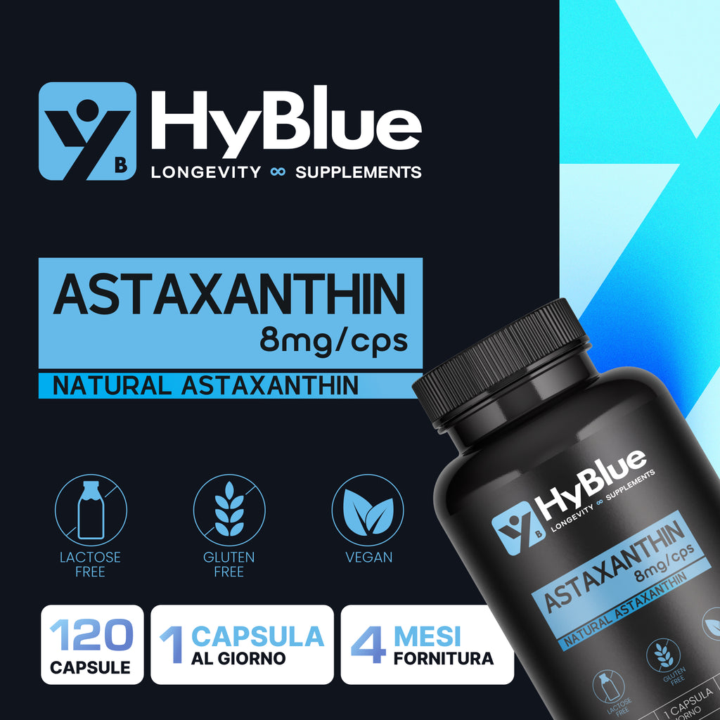 HyBlue Astaxantina Naturale 8 mg | 120 Capsule di Astaxantina Pura Alto Dosaggio | Potente Antiossidante Naturale | Integratore Per Supporto Sport, Recupero e Protezione Cellulare | Fino 4 Mesi