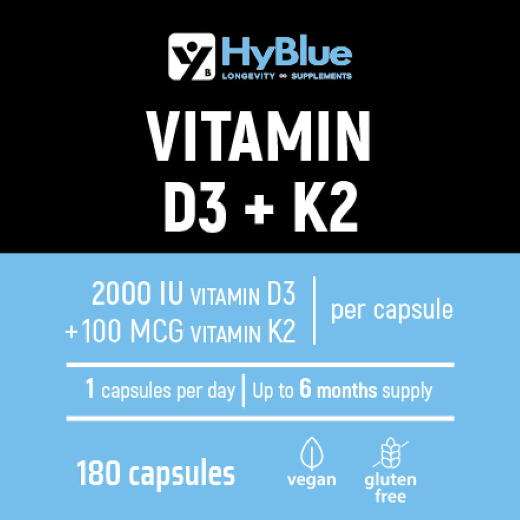 HyBlue Vitamina D3 K2 Mk7 180 Cps | Vitamina D3 2000 UI + K2 100 Μg Alta Biodisponibilità | Vit D3 K2 Ossa, Denti e Difese Immunitarie | No Glutine Ne Lattosio, Vegano | Fino 6 Mesi