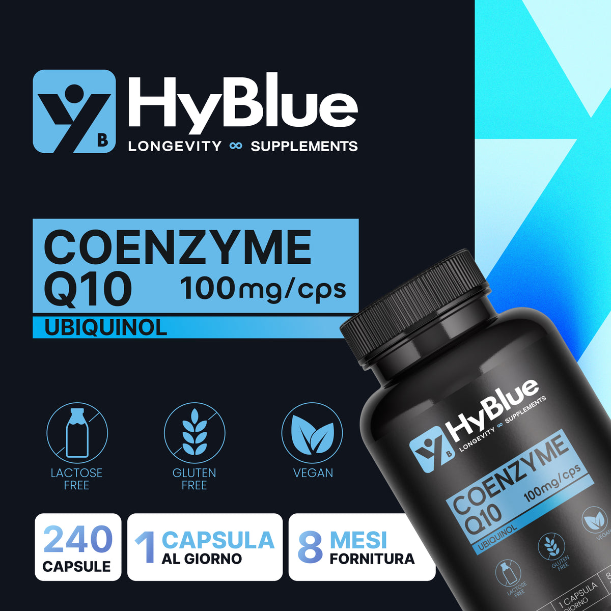 HyBlue Ubichinolo Coenzima Q10 240 cps, 100 mg | Integratore Ubiquinol Coq10 | Potente Antiossidante per Energia Cellulare e Benessere Cardiaco | Senza Glutine Ne Lattosio, 100% Vegano | Fino 8 Mesi