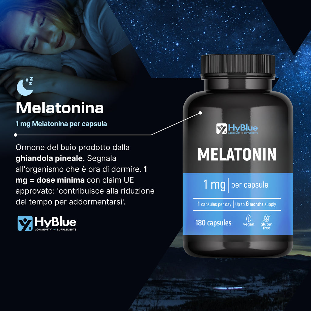 HyBlue Melatonina Per Dormire 180 Cps, 1mg | Integratore Per Dormire Bene Riduce Il Tempo Per Addormentarsi | Melatonina Forte Riposo & Relax Notte | No Glutine Ne Lattosio, 100% Vegano | Fino 6 Mesi